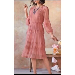 Sundance Rosalie Crepe Midi Dress M Pink Boho Lace Cupro Romantic Ethereal